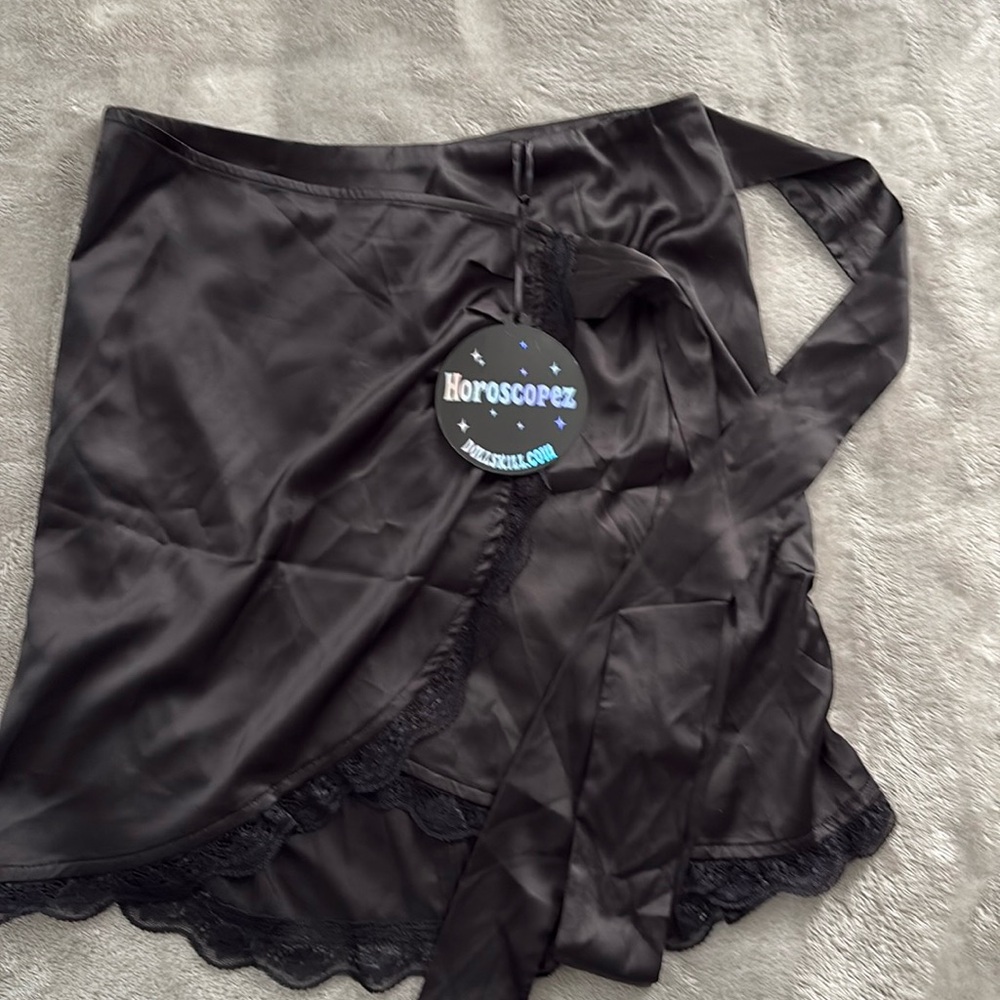 🖤 Horoscopez Black Satin Wrap Mini Skirt with Lace Trim – Size S
